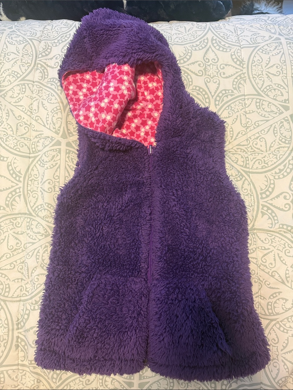 Reversible Garnet Hill Plush Hooded Vest in Purple with Pink Star Lining